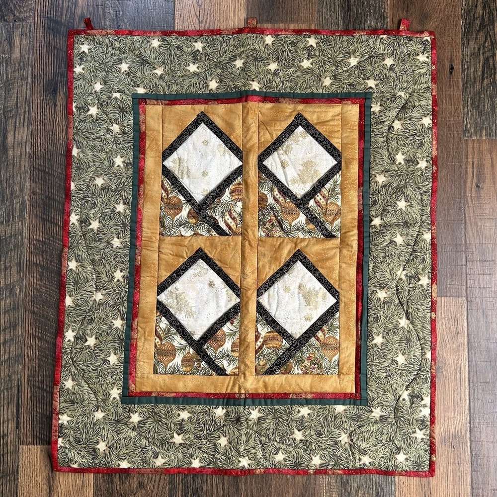 Vintage Handmade Christmas Quilted Wall Hanging 31x37 Pocket Panels Tapestry